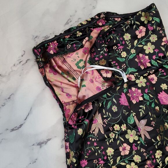 Lulu's Make a Move Black Satin Floral Jacquard Strapless Midi Dress - Picture 6 of 6